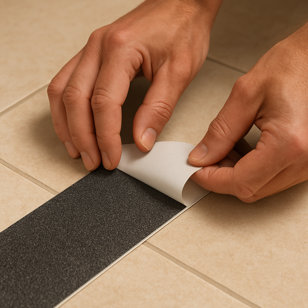 Installer pressing down an adhesive anti-slip floor strip on tile