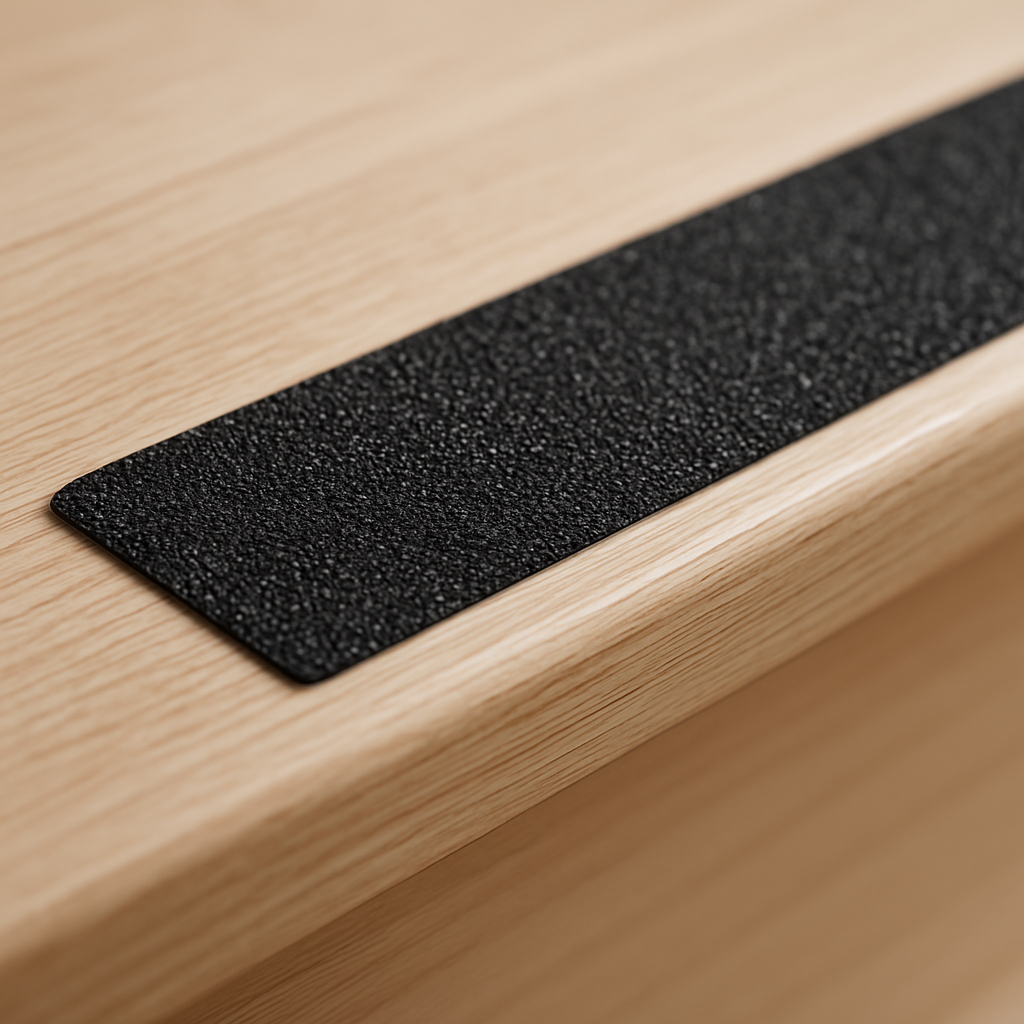Matte black anti-slip floor strip on a wood step edge