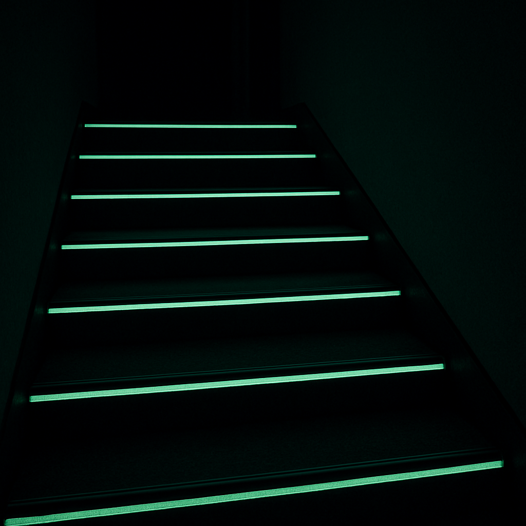 Glow-in-the-dark anti-slip floor strips glowing along stairs at night