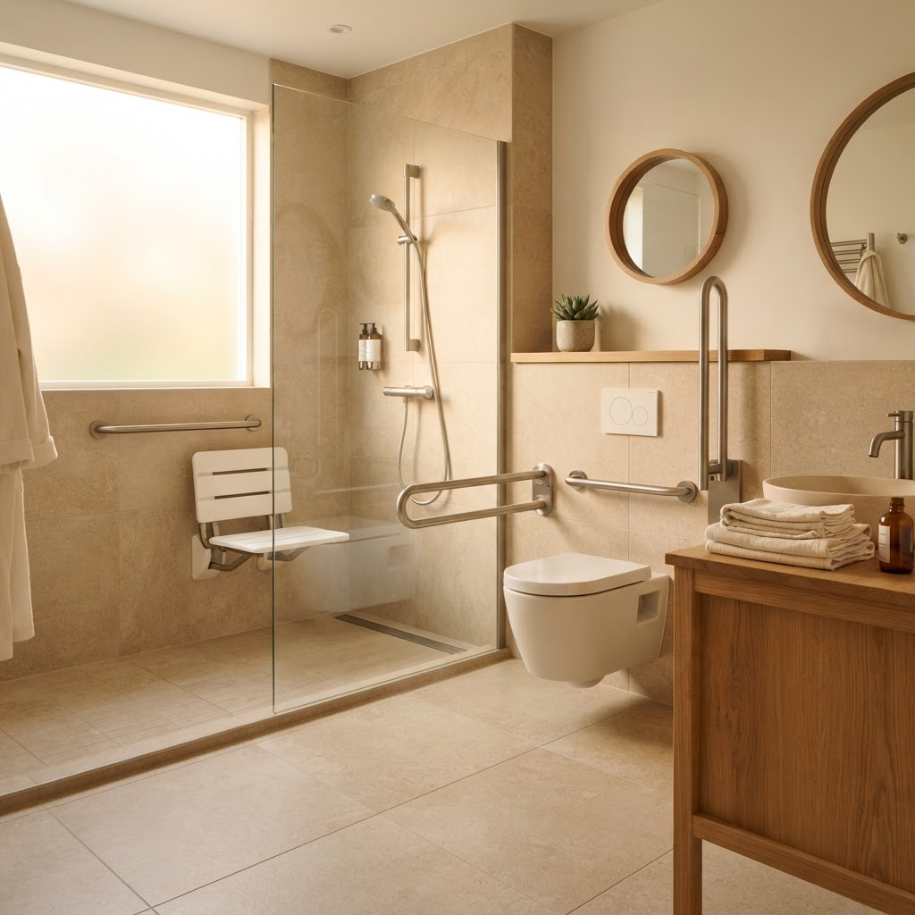 Modern accessible bathroom with grab bars beside the shower and toilet and a white shower safety chair