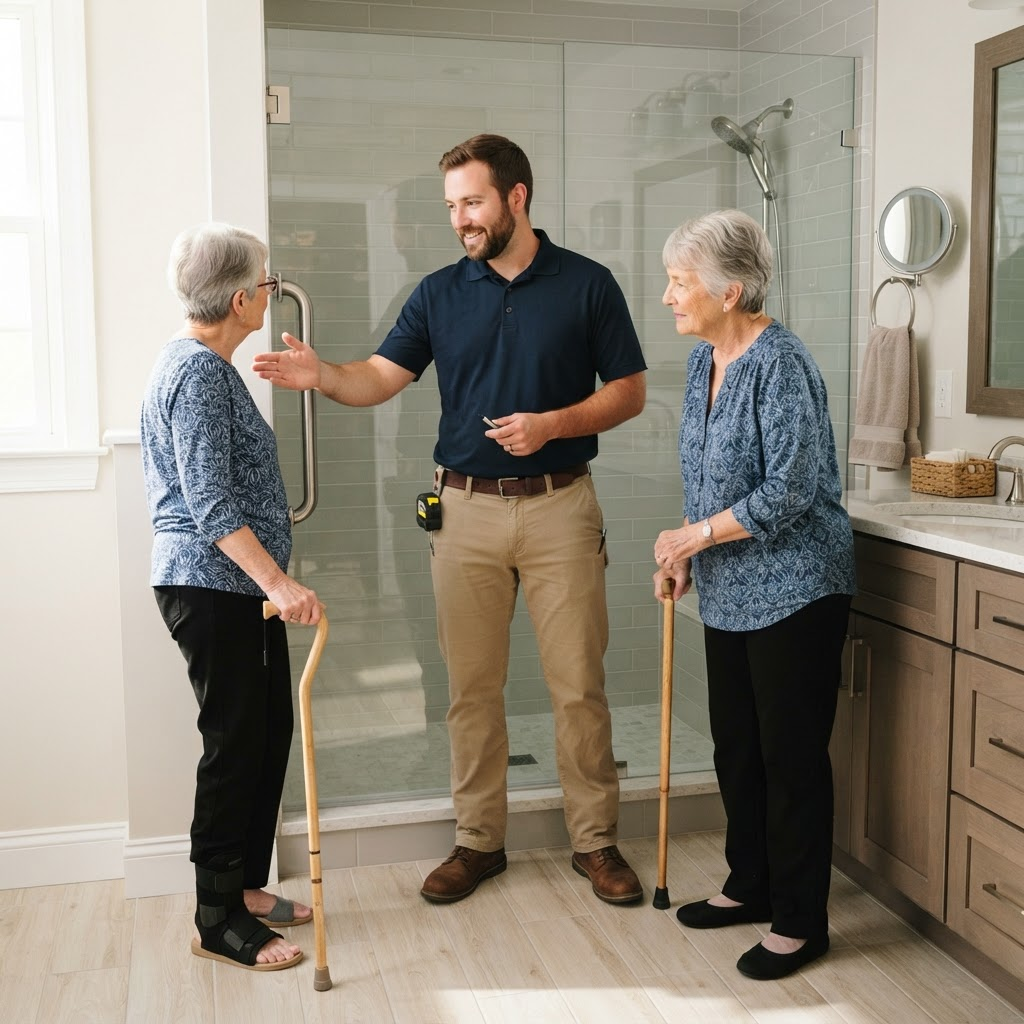 Home safety installer reviewing grab bar placement with an older homeowner