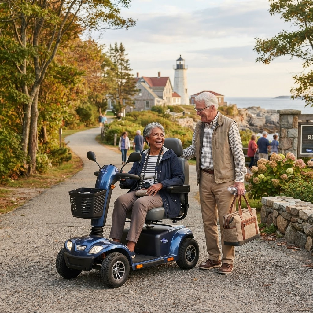 Senior couple enjoying a day out with a blue mobility scooter at a New England park