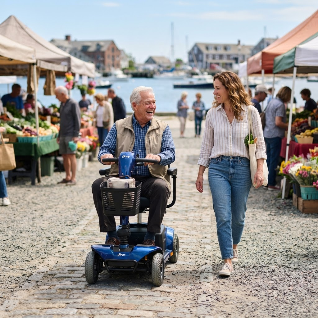 Older grandfather riding a mobility scooter through a coastal farmers market with a family member