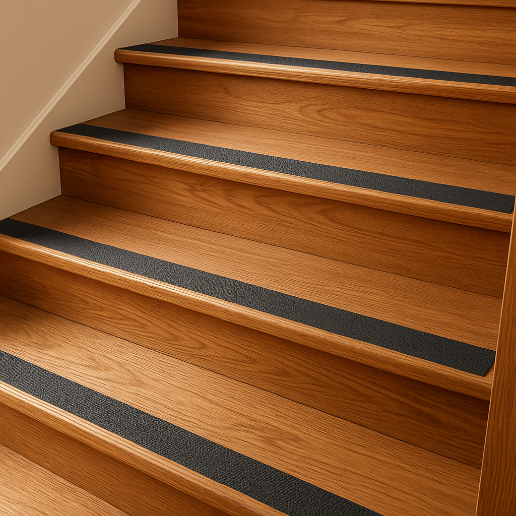 Anti-slip floor strips along the edges of hardwood staircase steps