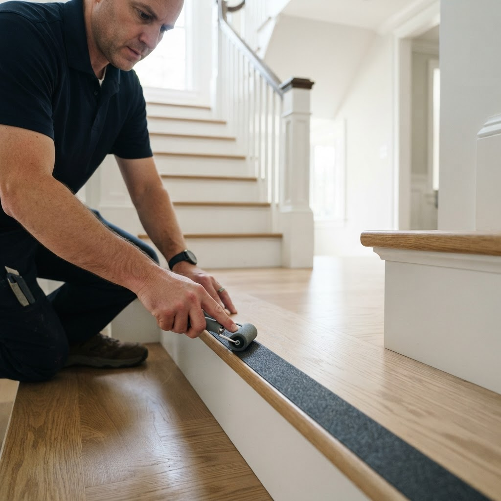 Technician carefully installing a discreet anti-slip strip on a residential stair tread