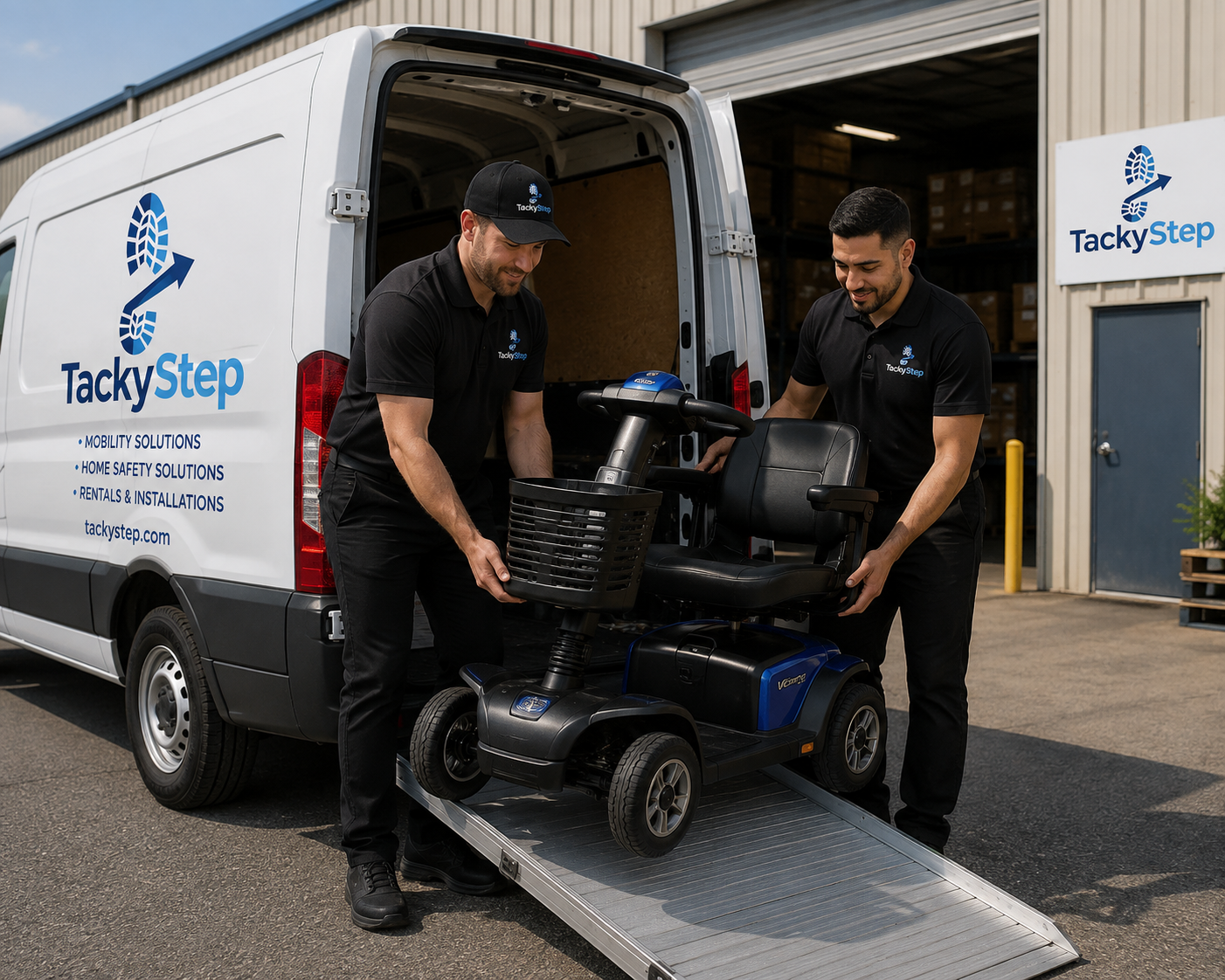 Two TackyStep team members in branded polo shirts unloading a mobility scooter down a ramp from their TackyStep van outside the warehouse